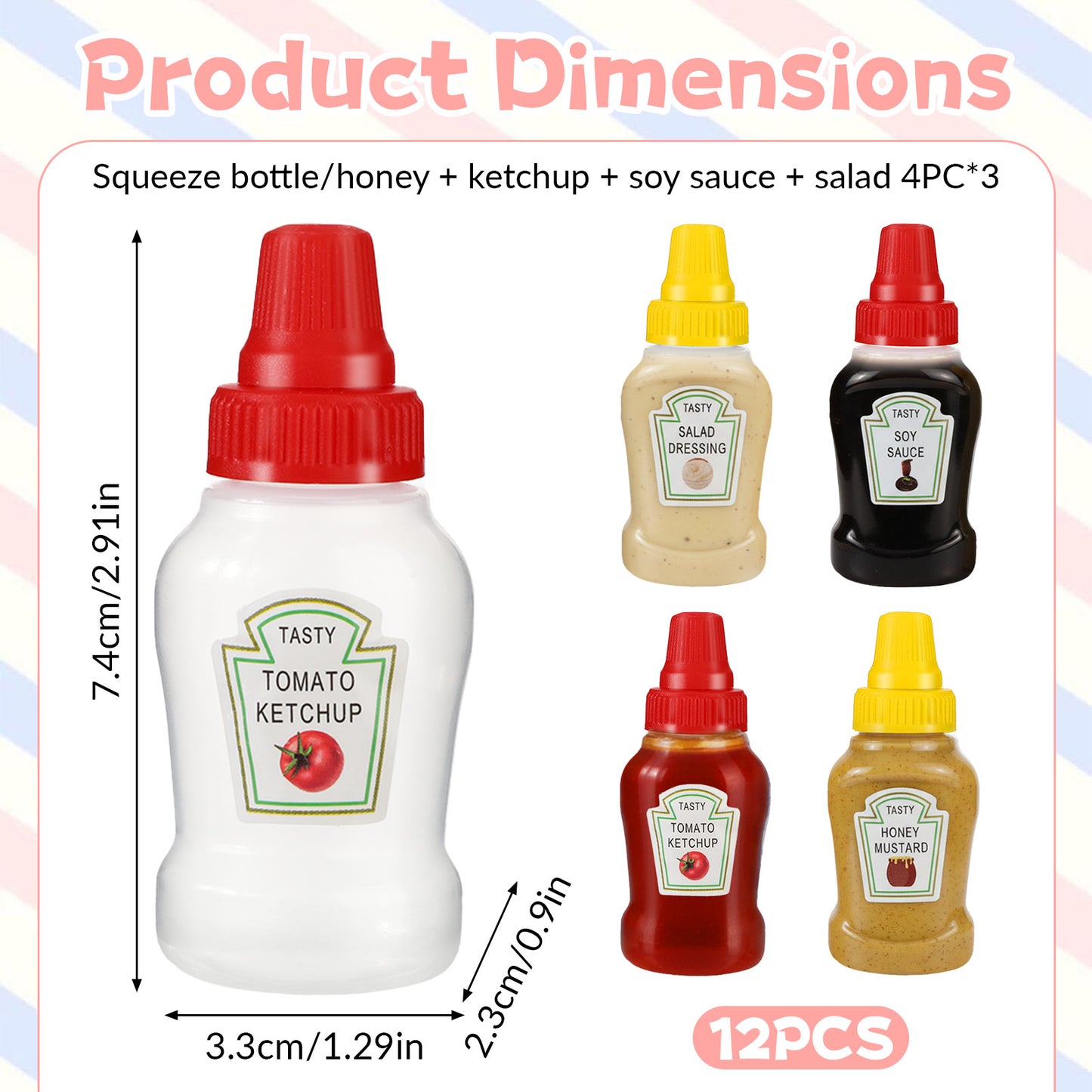 12 Pcs Mini Ketchup Bottles for Bento Box 25ml Condiment Squeeze Bottles 4 Styles Portable Plastic Sauce Container Refillable Jars Containers Lunch Box Honey Sauce Salad Dressing Dispensers