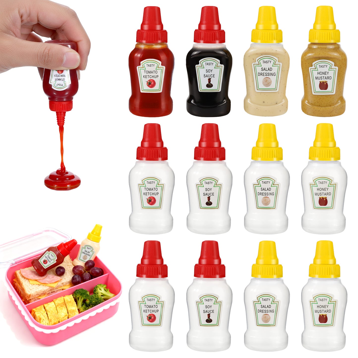 12 Pcs Mini Ketchup Bottles for Bento Box 25ml Condiment Squeeze Bottles 4 Styles Portable Plastic Sauce Container Refillable Jars Containers Lunch Box Honey Sauce Salad Dressing Dispensers