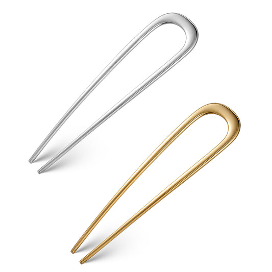 2 Pcs Metal French Hair Pins U Shaped Fork for Thick Hair Twist Pin Buns 11cm Large Fork Style Sticks Accessories for Women Girls (Silver, Gold)