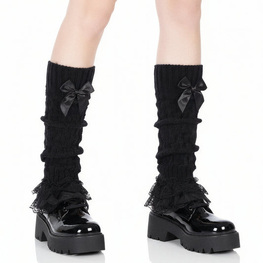Black Leg Warmers, Women's 1 Pair Lace Leg Warmers, Fashion Knit Bow Lace Trim Loose High Socks, Polyester Flared Legs Warmer Cute Knee High Legs Sleeves for Women Lolita Costume Party Accessories