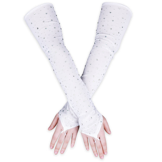 Xthrotsenk Rhinestone Long Fingerless Gloves White Elbow Length Gloves Sparkly Sheer Tulle Mesh Gloves Opera Gloves Long Wedding Bridal Tea Party Halloween Gloves for Women