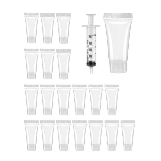 Refillable Empty Tubes Bottles, 20 Pcs 5ml Portable Travel Tubes with Syringes Clear Refillable Toothpaste Tubes Soft Squeezable Containers for Sample Shampoo Makeup Facial Cleanser Lip Gloss