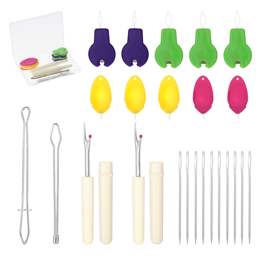 19 in 1 Needle Threaders Tool Set, 5 Thumb Sewing Needle Threader, 5 Gourd Shaped Needle Threader, 5 Pcs Needles, 2 Pcs Seam Rippers, 1 Sewing Tweezers, 1 Pcs Drawstring Threaders