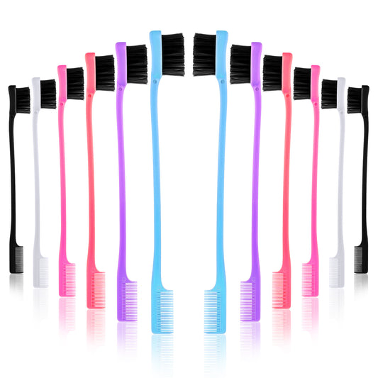 12 PCS Mini Edge Brush Double Sided Edge Comb Edges Control Brush Natural Styling Eyebrow Combs Hair Edges Smooth Comb Grooming for Women, (6 Colors)