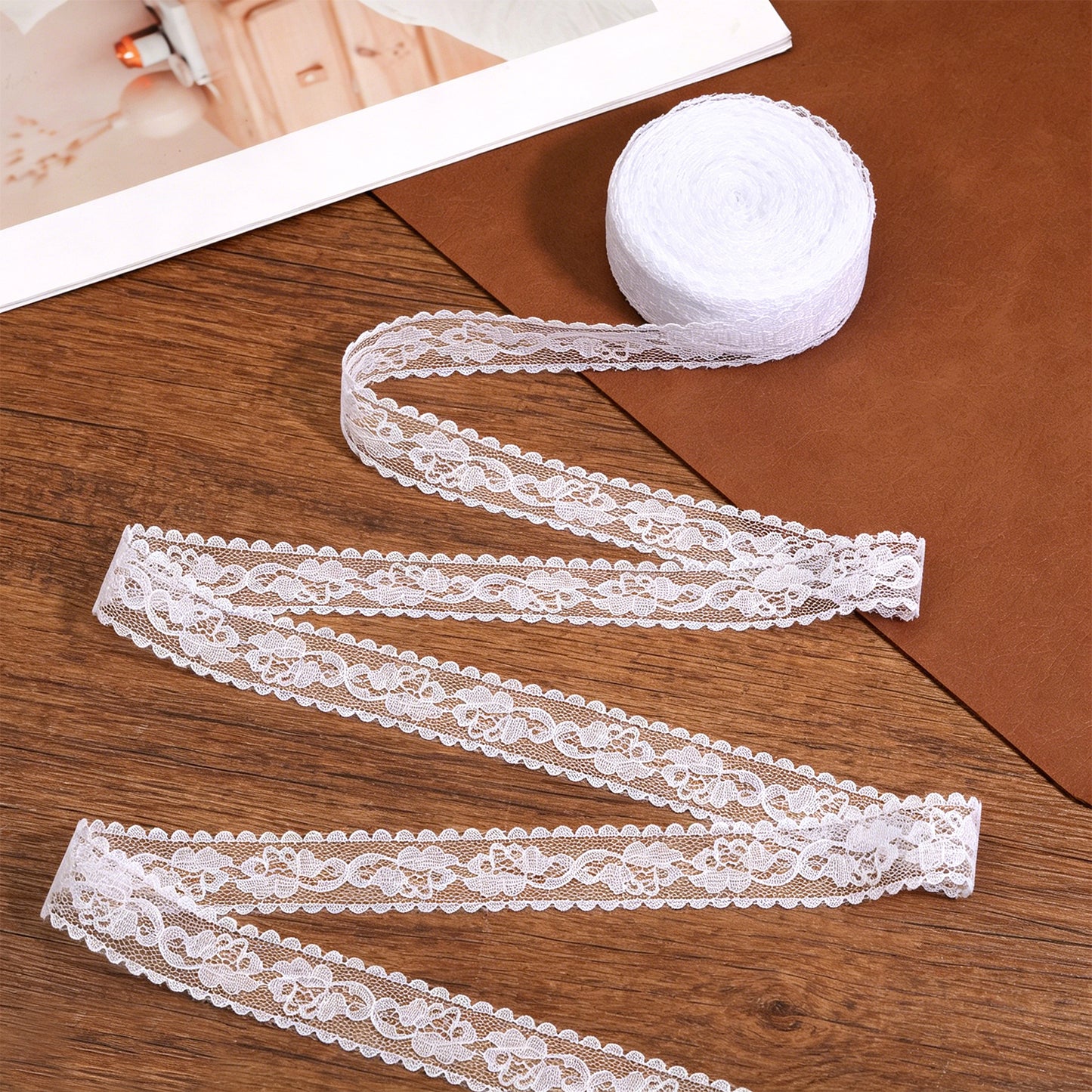 1 Inch White Lace Ribbon 20 Yards Long White Ribbon Sewing Crafts Lace Trim Floral Ribbons for Flower Bouquet Wedding Dress Decoration