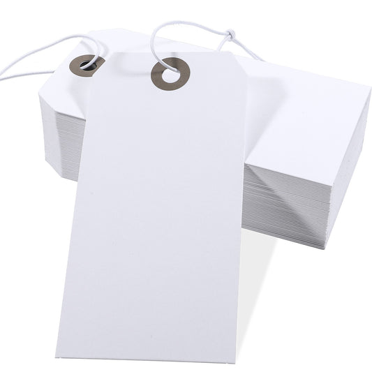 100 Pack White Gift Tags with Elastic String, White Tags with String Attached, Price Tags, Marking Hang Tags Attached Reinforced Hole, Marking Tags Paper Hanging Tags, White Writable Price Tags