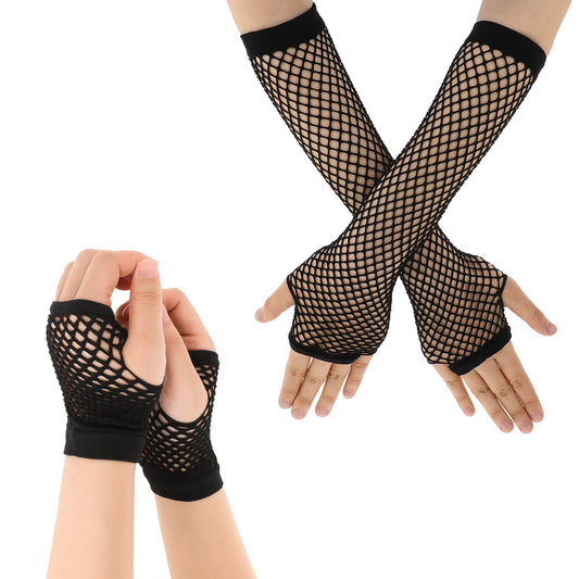 2 Pairs Fingerless Mesh Gloves Fishnet Gloves Long Neon Fingerless Fishnet Glove Short Fishnets Mesh Glove Fish Net Arm Sleeves 80s Party Cosplay Costume Accessories, Halloween Accessories (Black)