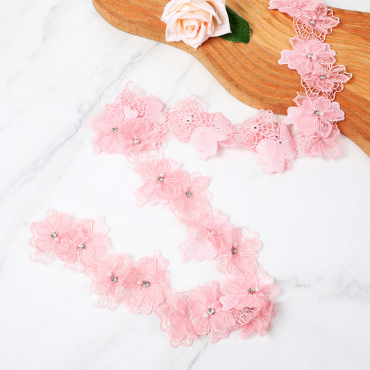 3D Pearl Beads Flower Lace Trim, 2 Yards Lace Trim Ribbon Embroidered Flower Trims Ribbon Floral Applique Sewing Craft for Wedding Dress Embellishment DIY Dress Decor Gowns Home Decor