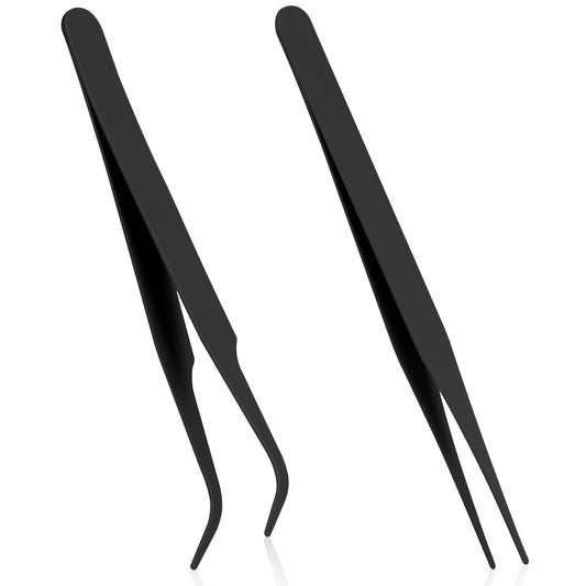 Tweezers for Crafting, 2 Pcs Stainless Steel Sticker Tweezers Kit Multipurpose Straight and Curved Tip Tweezers Small Jewelry Making Tools for DIY Intricate Projects, Cardmaking, Scrapbooking - Black