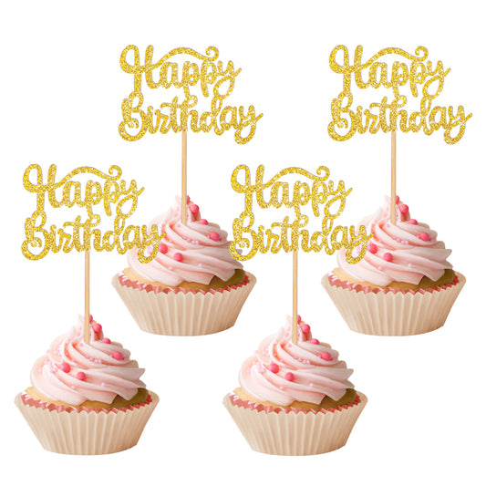 36 Pcs Gold Glitter Cupcake Toppers Happy Birthday Cupcake Toppers for Men Women 13th 15th 18th 30th 40th 50th 60th Celebrating Happy Birthday Party Cake Decoration Party Supplies
