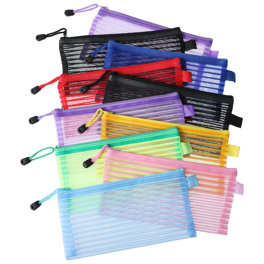 Mesh Zipper Bags, 10 Pack Zipper File Bags Pencil Case Plastic Zip Pouch File Zipper Document Folder for School Supplies, Bills, Cosmetics, Stationery and Travel Accessories,8 Colours