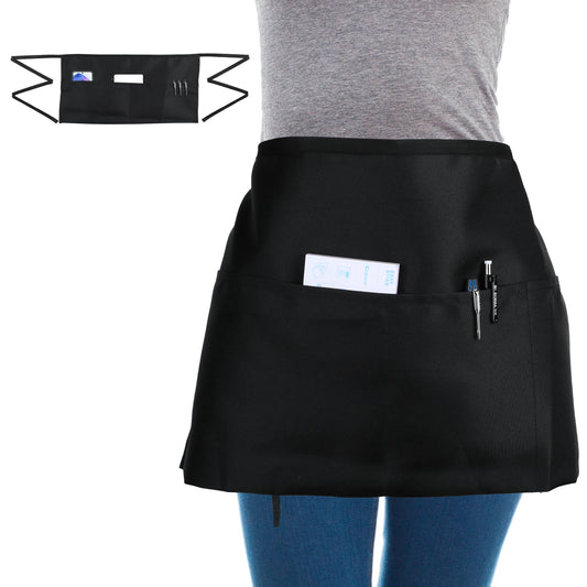 Server Waitress Waist Apron Half Apron with 3 Pockets, Black Short Aprons for Servers, Waiter Apron Chef Works Unisex Waitress Apron