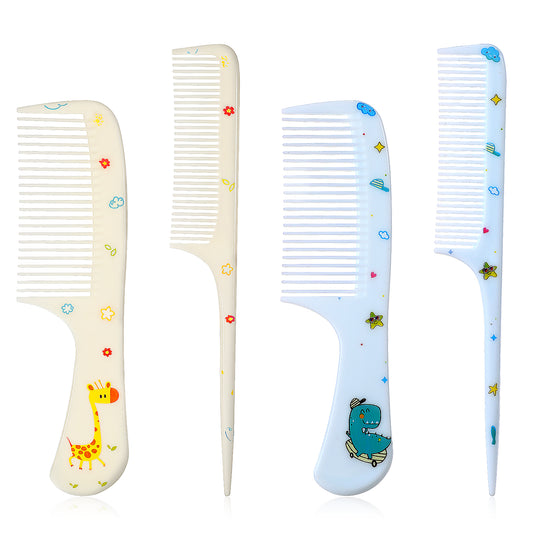 Cute Hair Comb Set, 4 Pcs Toddler Hair Brush Plastic Fine Tooth Rat Tail Combs Detangling Hair Comb for Women Girls All Hair Types Long Short Wet Dry Curly Straight Hair (Yellow, Blue)