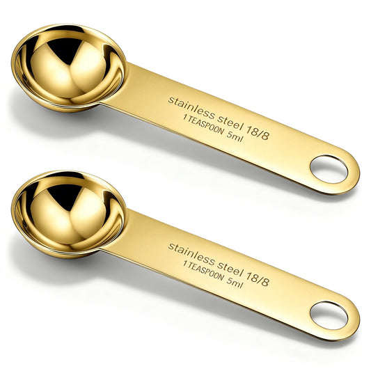 2PCS Stainless Steel Teaspoon Measuring Spoons Gold Tablespoon Measurings Individual Measuring Scoop 5 mL Single Teaspoons Metal Measurings Spoons Long Handle Spoon for Kitchen Tea Coffee