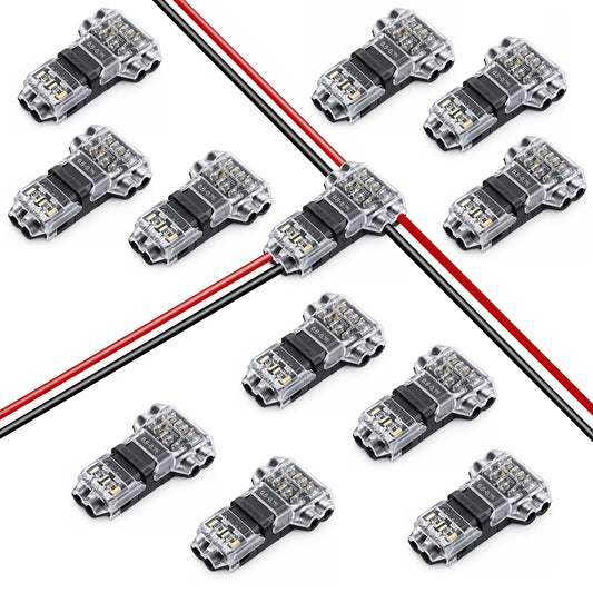 T Tap Wire Connectors, 12 Pcs Low Voltage Wire Connector No Wires Stripping Quick 3 Way 2 Pin Solderless Led Strip Connector for 22-18 AWG
