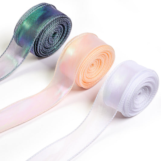 Iridescent Organza Ribbon 3 Rolls Sheer Chiffon Ribbons Craft Decorative Ribbon 10 Yards Gift Wrapping Bridal Bouquet Shiny Craft Ribbons for Floral Bouquets Wedding