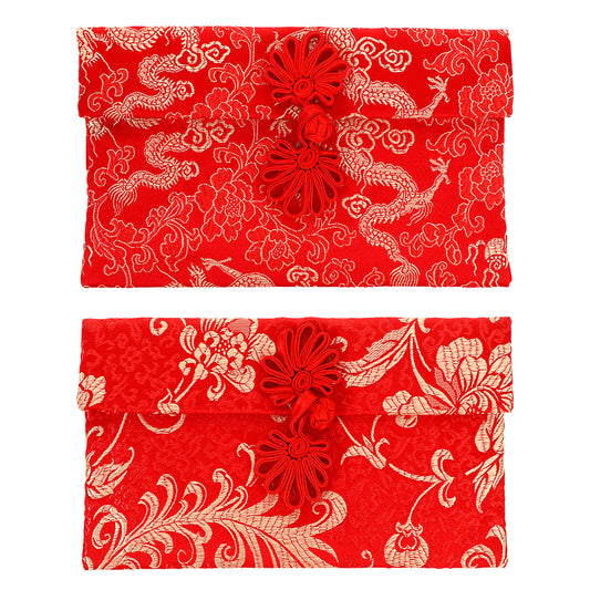2Pcs Silk Red Envelopes, Chinese Dragon and Phoenix Embroidered Lucky Pockets Hongbao Invitation Chinese Red Pocket Card Cash Envelope for Wedding Birthday New Year Spring Festival Chinese Knot Button