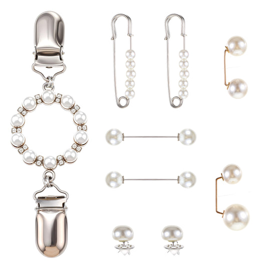 9PCS Pearl Waist Brooch Pins Pearl Brooch Dress Back Clips Sweater Shawl Hat Safety Pin Waist Cincher Tightening Waistband Cardigan Clip Faux Pearl Brooches Collar Brooch Decoration for Women Clothing