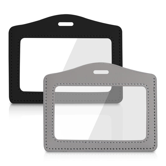 2 Pack Genuine Leather ID Badge Holders, Horizontal ID Card Holders with Dual-Side Clear Window, Waterproof Name Badge Holde Suit for Office, Staff, Students, Employees(Black&Gray)