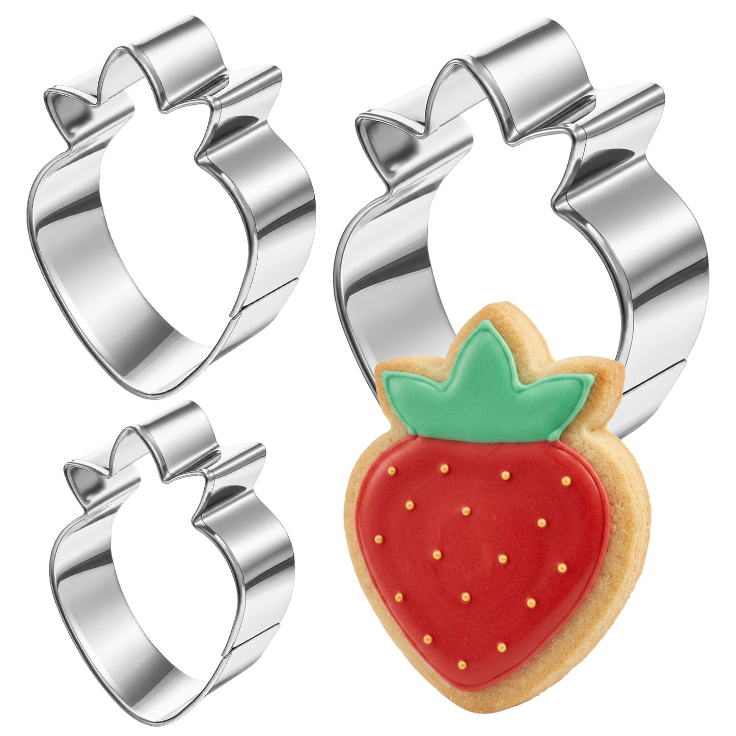 Strawberry Cookie Cutter 3 Pcs Metal Strawberry Shaped Fruit Biscuit Cutters for Fondant Cookies Baking Tools, Dishwasher Safe(Size 9, 6.4, 3.8cm)