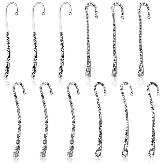 12 Pcs Metal Bookmark Hairpin Hook Vintage Silver Carved Hook Metal Book Markers Embossed Bookmarks for Crafting Jewelry Making Charms