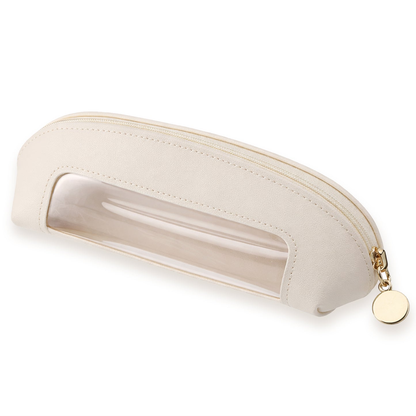 Clear Makeup Brush Bag, PU Leather Portable Small Makeup Bag for Purse Travel Transparent Waterproof Cosmetic Organizer Pouch with Zipper for Women Home Travel Office Cosmetic Storage (Beige)