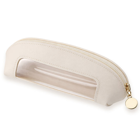 Clear Makeup Brush Bag, PU Leather Portable Small Makeup Bag for Purse Travel Transparent Waterproof Cosmetic Organizer Pouch with Zipper for Women Home Travel Office Cosmetic Storage (Beige)