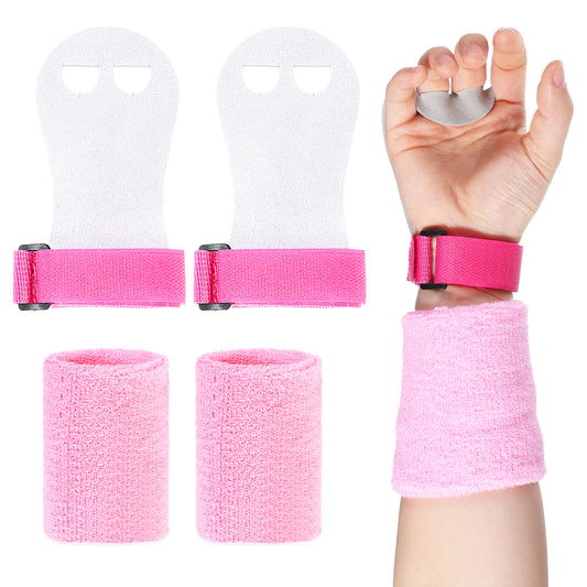 4 Pcs Gymnastics Hand Grips Gloves Wristbands, Pink Gymnastic Hand Grips Palm Protection Accessories, Sweat Band and Wrist Support Set for Exercise Workout Weightlifting Pull-Ups Upper Body Strength