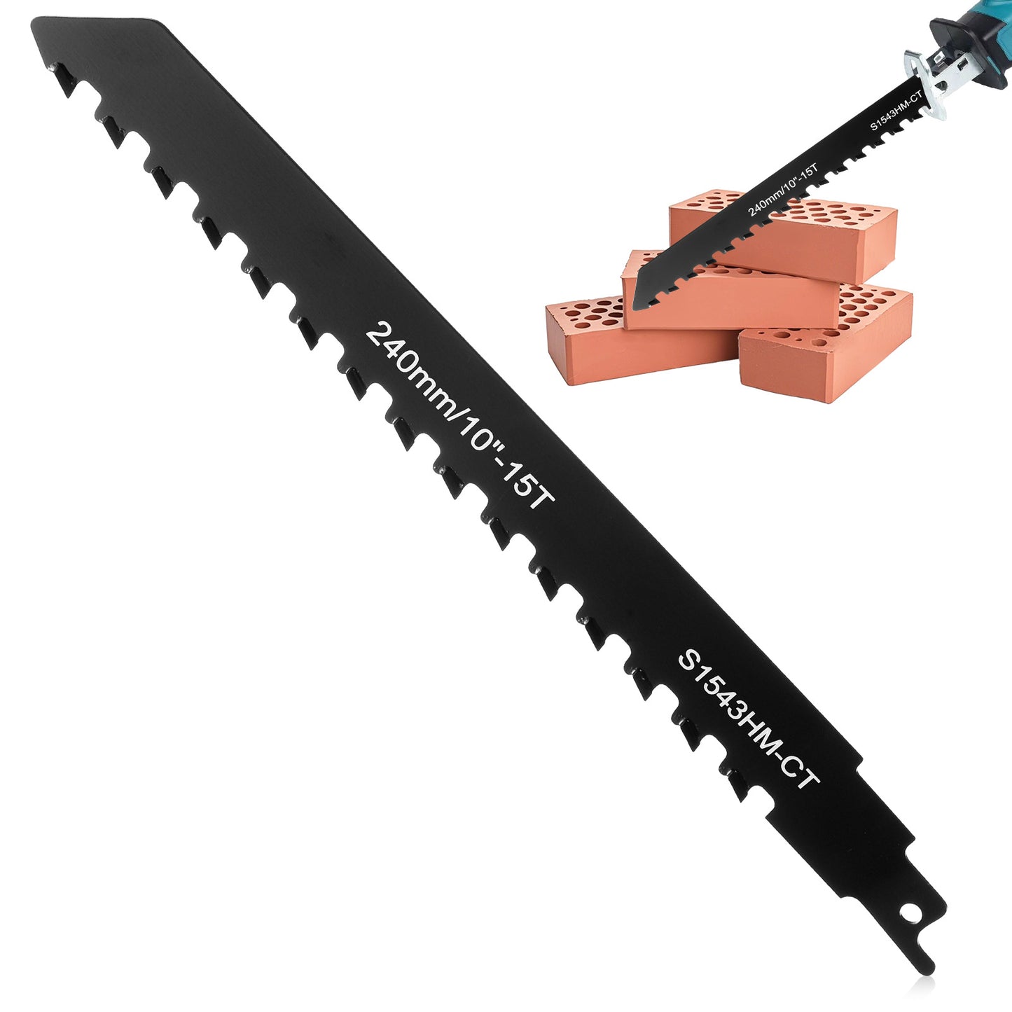 10 Inch Concrete Saw Masonry Reciprocating Saw Blade 15TPI Alloy Steel Demolition Masonry Blade Black Universal Brick Concrete Cutting Recip Saws Blades for Cutting Hollow Brick and Cement
