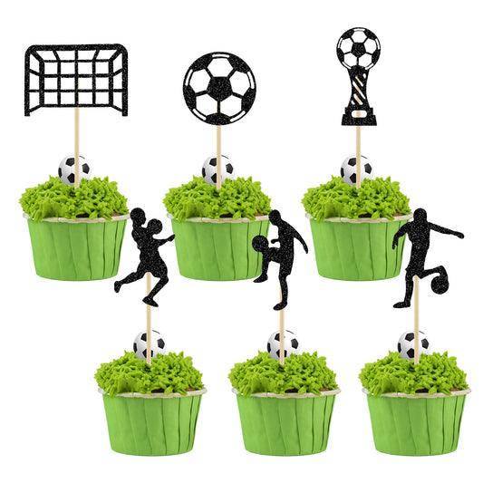 24PCS Soccer Cupcake Toppers, Glitter Soccer Cake Decorations, Soccer Ball Cupcake Picks, Sports Cupcake Toppers for Sport Party Football Birthday Party Supplies