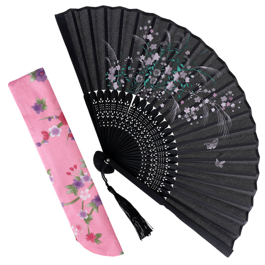 salbsever Grassflowers Folding Hand Held Fans Kit, Folding Fan for Women, Vintage Floral Fan Chinese Japanese Style Folding Fan, Handheld Fan Foldable Decorative Fans with a Fabric Sleeve, Black