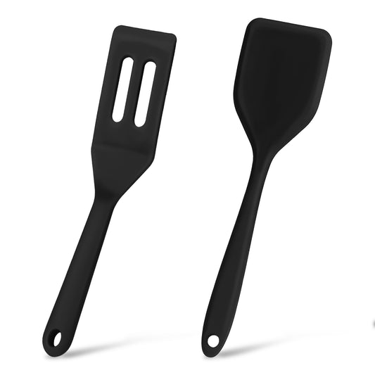 2 Pcs Small Spatula Silicone Black Mini Spatula Silicone Small Slotted Spatulas Turner Heat Resistant Mini Nonstick Spatulas for Cooking