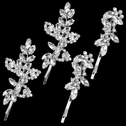 4 Pcs Rhinestones Crystal Hair Clips Silver Bridal Crystal Hair Pins 2 Styles Elegant Leaf Shape Hairpins Wedding Bridal Barrette for Women Girls