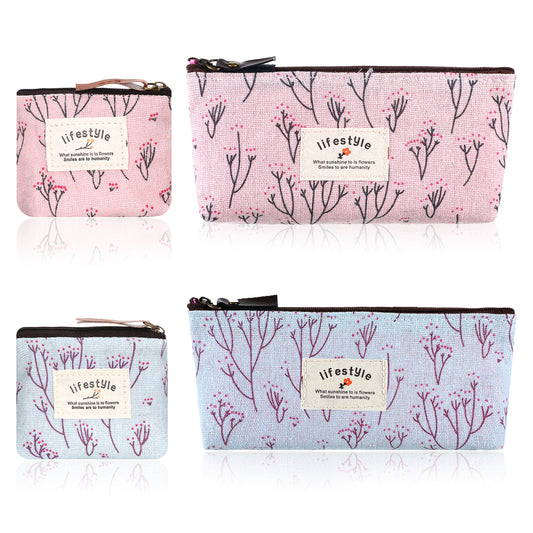 Mini Cosmetic Bag for Purse, 4 Pcs 2 Sizes Canvas Floral Mini Zipper Pouch Cute Portable Linen Fabric Small Makeup Pouch for Women Girls Home Travel Lipstick Coin Cards Storage