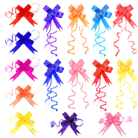 SynHHergyx 150 PCS 15 Colors Pull Bows for Gift Baskets, Plastic Bows for Gifts Wrapping, Gift Bow Ribbon Pull Bow Wedding Birthday Party Multicolor Wrap Accessory