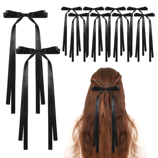 10 PCS Bows Hair Clips Long Tail Ribbon Hair Bow Clips Barrettes Tassel Ribbon Bowknot Ponytail Solid Satin Accessories for Women and Teens - Cute Y2k Hair Bows for Thick and Thin Hair