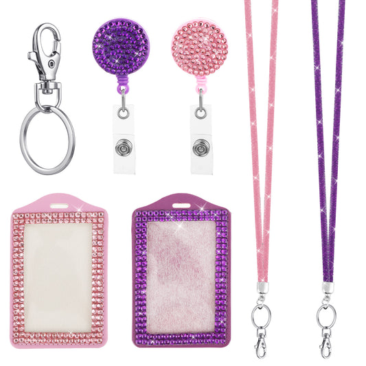 2 PCS Rhinestone Bling Lanyard with Id Badge Holder, Rhinestone Lanyard for Id Badges Diamond Crystal Id Card Holder Crystal Retractable Badge Reel Neck Lanyard with Key Ring and Metal Clasp