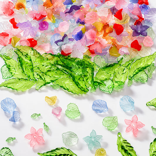 250 Pcs Flower Leaf Assorted Beads Acrylic Assorted Beads Kit Translucent Plant-Inspired Pieces Colorful Flower Green Leaf Loose Pendant Charms Jewelry Making Bracelet Necklace Decor Adults