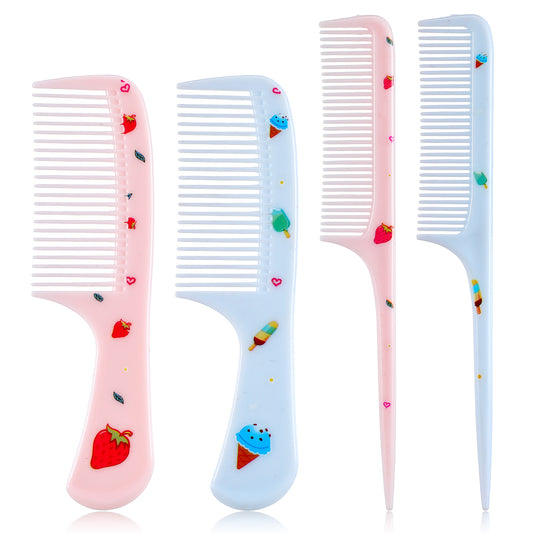 Toddler Hair Comb, 4 Pcs Cute Hair Comb Set Plastic Fine Tooth Rat Tail Combs Portable Detangling Comb for Women Girls All Hairs Types Long Short Wet Dry Curly Straight (Blue, Pink)