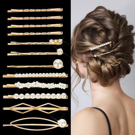 12 Pcs Hair Pins With Pearls, Gold Hair Pins Set, Elegant Hair Barrettes Bridal Golden Metal Hair Clip, Gold pearl bobby pins, Vintage Pearl Hair Bobby Pins, Metallic Flower Barrettes for Women Girls