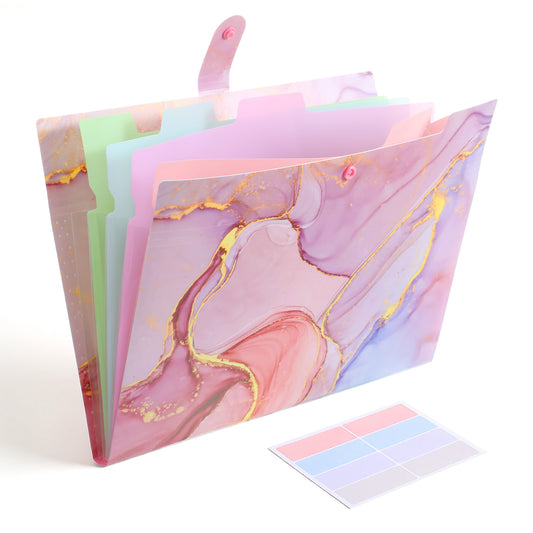 Expanding File Folder with 5 Pockets, Letter Size Accordion File Organizer Portable, Cute Receipt Paper Filing Folders with Labels for Documents Office Supplies, Multicolor