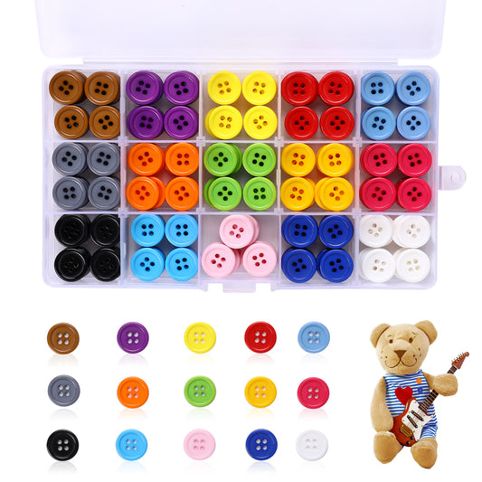 300PCS 15 Color Mixed Buttons with 4 Holes 15mm Round Resin Craft Buttons with Storage Box Buttons for Sewing Knitting Arts Crafts Making Doll DIY Handmade