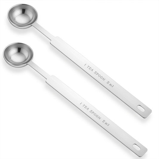 2 Pcs 1 Teaspoon Scoop Measuring Spoons 1Tsp 5ml Stainless Steel Table Spoons Long Handle Metal Teaspoon for Baking Cooking Soup Tea Ingredients Kitchen