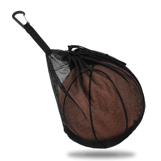 Psyqtsuary Single Mesh Ball Bag for Basketball with Double Hook and Zipper Pocket, 10 X 12 Inch Drawstring Sport Equipment Storage Net Bag with Zipper Pocket