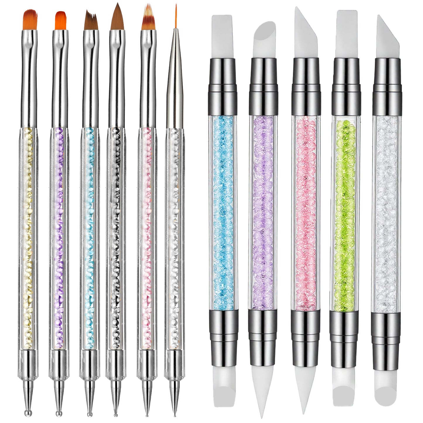Nail Art Brush Set, 10 Pcs Dual Tipped Silicone Nail Tools Nails Art Sculpture Pen Crystal Handle Liner Brush, Silicone Brushes for Resin Nails Arts Tools for NailSalon Design Foil Carving Drawing