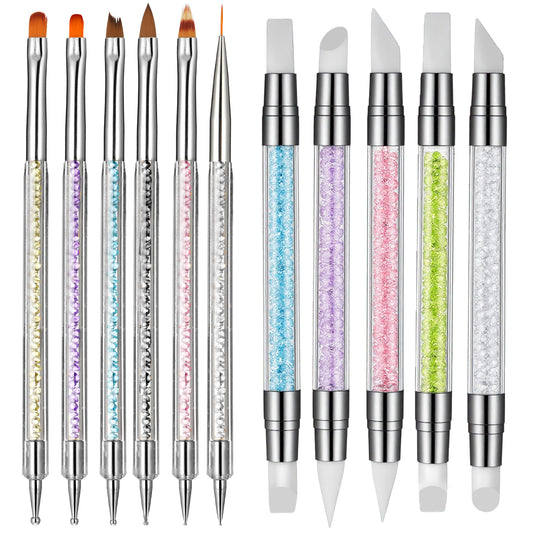 Nail Art Brush Set, 10 Pcs Dual Tipped Silicone Nail Tools Nails Art Sculpture Pen Crystal Handle Liner Brush, Silicone Brushes for Resin Nails Arts Tools for NailSalon Design Foil Carving Drawing