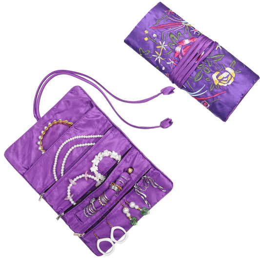 Psyqtsuary Embroidery Travel Jewelry Bag Roll, Embroidered Flower and Bird Brocade Organizer with Tie, Embroidery Jewelry Organizer Roll, Foldable Ancient Style Pouch, Purple