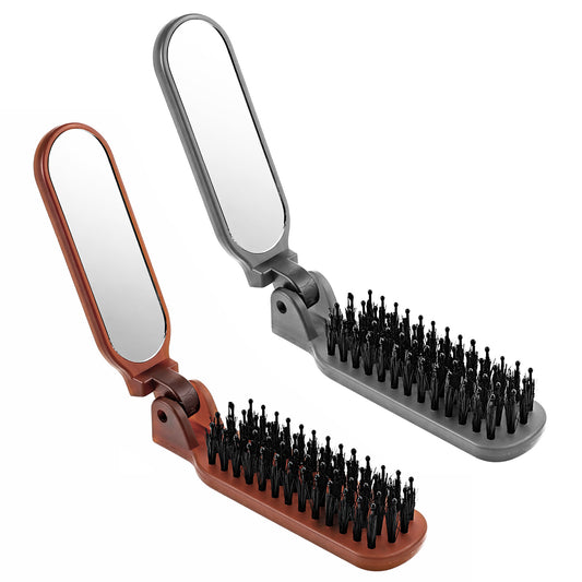 2 Pcs Hair Brushes for Women Folding Travel Hair Brush with Mirror Travels Folding Boar Bristles Hairs Brushes Portable Pocket Purse Brush for All Hairs Types Travel Size HairBrush