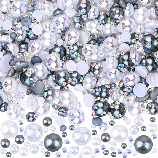 75g Flatback Pearls Grey White Rhinestones Mixed Half Pearls Rhinestones for Crafts DIY, Nail Face Art Decoration Shoes Clothes Scrapbooking, 2-10mm (Grey White)