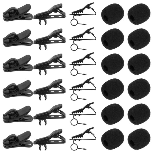 30 PCS Lapel Mic Clips Sponge Cover Kit, 12PCS Lavalier Microphone Metal Tie Clips 12PCS Foam Windscreen Cover 6 PCS Plastic Lavalier Wire Clip, Lapel Microphone Clip Covers Kit for Interview Vide